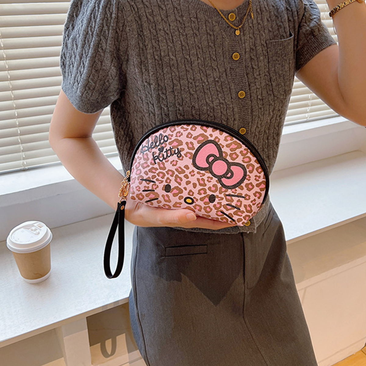 Hello Kitty Pink Leopard Pattern Half Round Makeup Bag Handbag (Wild Sweet Girl Series)