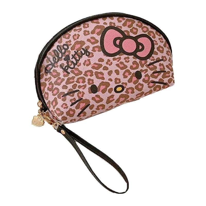 Hello Kitty Pink Leopard Pattern Half Round Makeup Bag Handbag (Wild Sweet Girl Series)