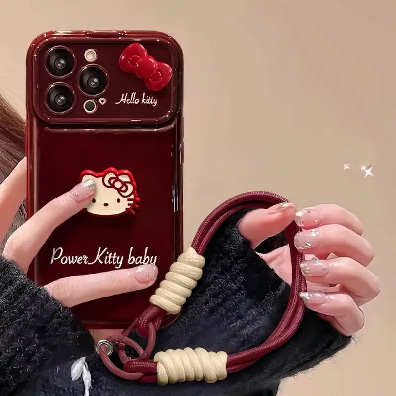 Cute Hello Kitty Mirror Phone Case with Pearl Wrist Strap for iphone