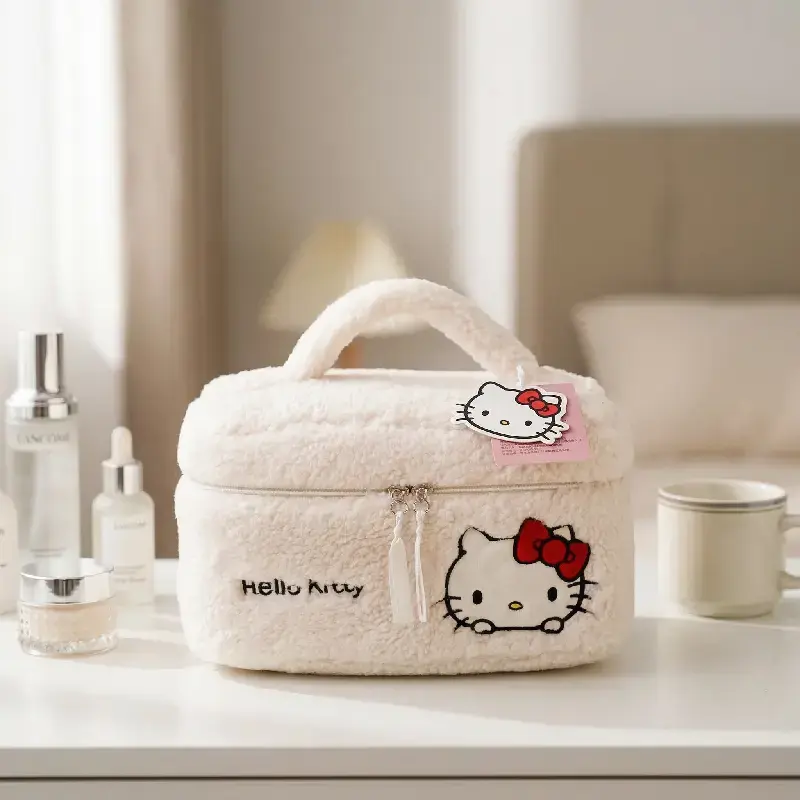 Hello Kitty Plush Cosmetic Bag - Cute Travel Makeup Organizer with Embroidery