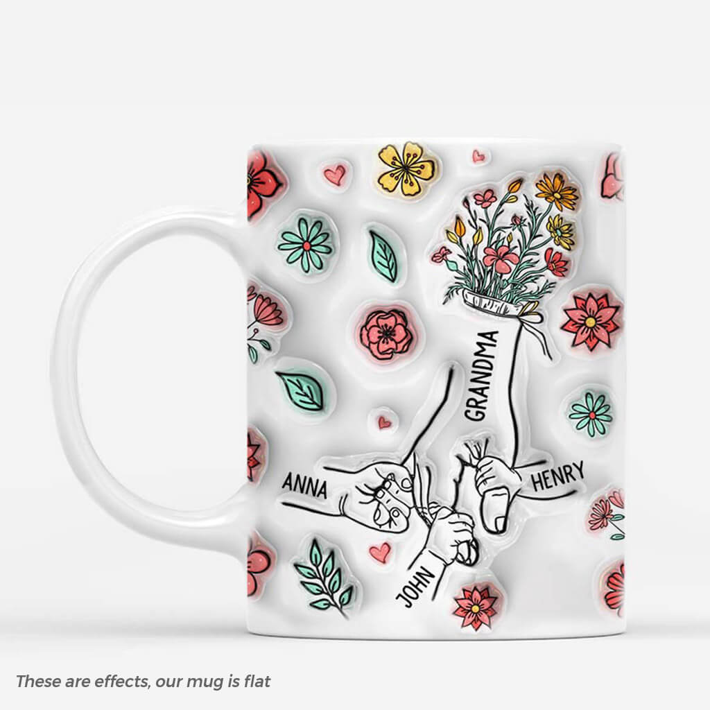 [3D Printing Effect]  Personalised Grandma/Mummy Holding Hands Flower Mug