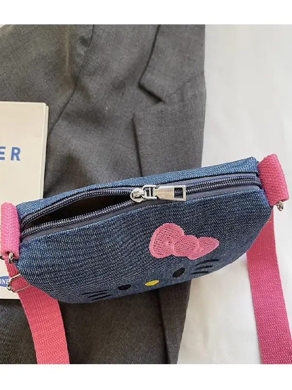 Hello Kitty Denim Mini Fanny Pack Women 2026 Kawaii Cartoon Crossbody Waist Bag Adjustable Strap Small Sling Purse 4 Colors