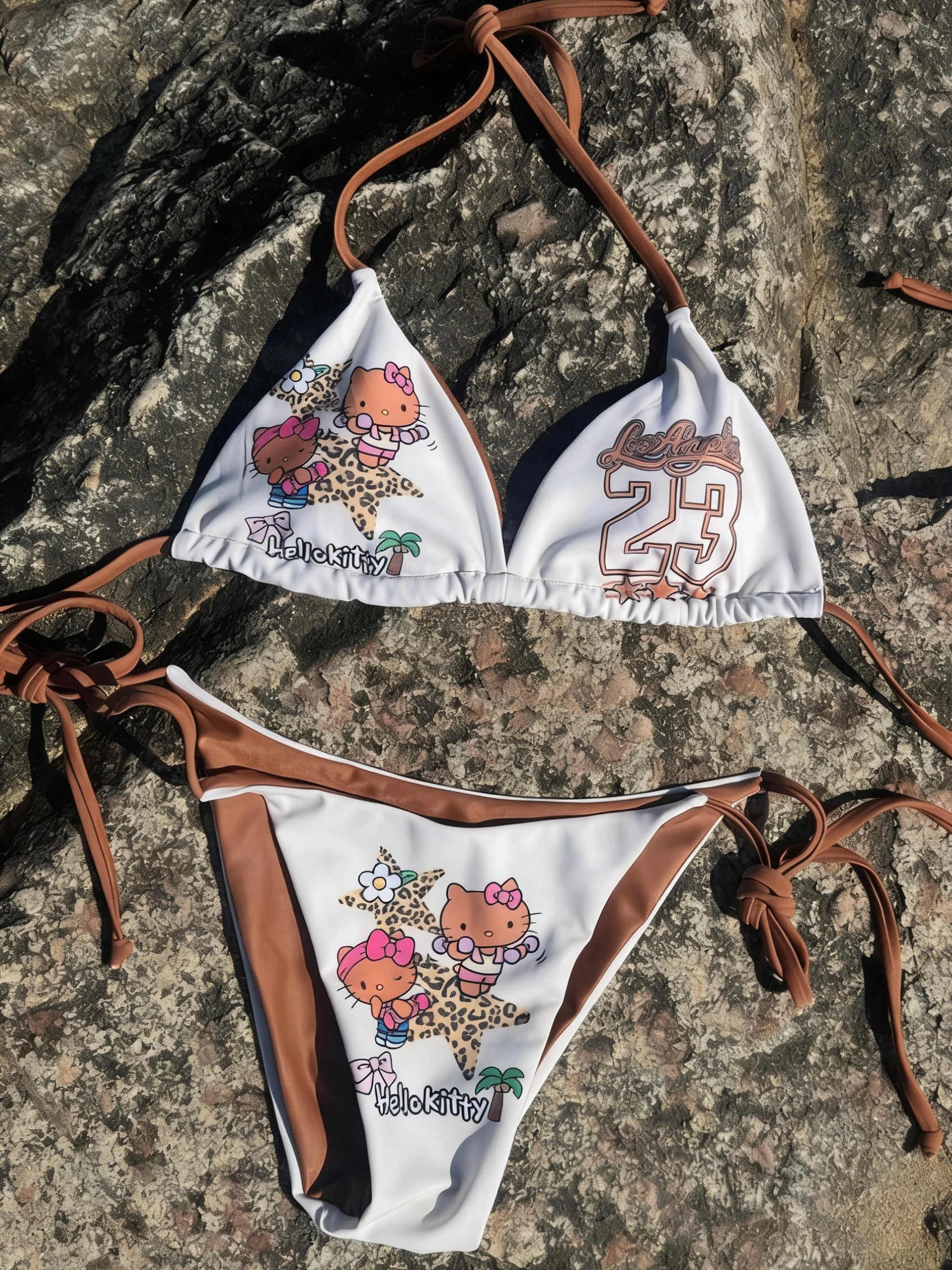 Hellokitty White Leopard Print Halter Tie Side Triangle Bikini Set high Cut 2 Piece Bikini Swimsuit Bathing Suit