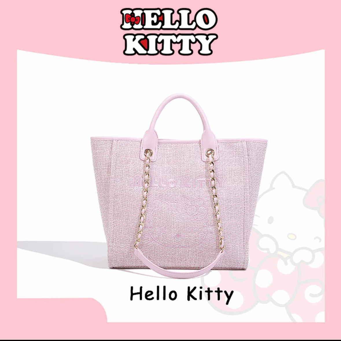 Hello kitty Pink Large Tote Beach Bag Weaving Swim Gym Shopping Travel Bag with Button
