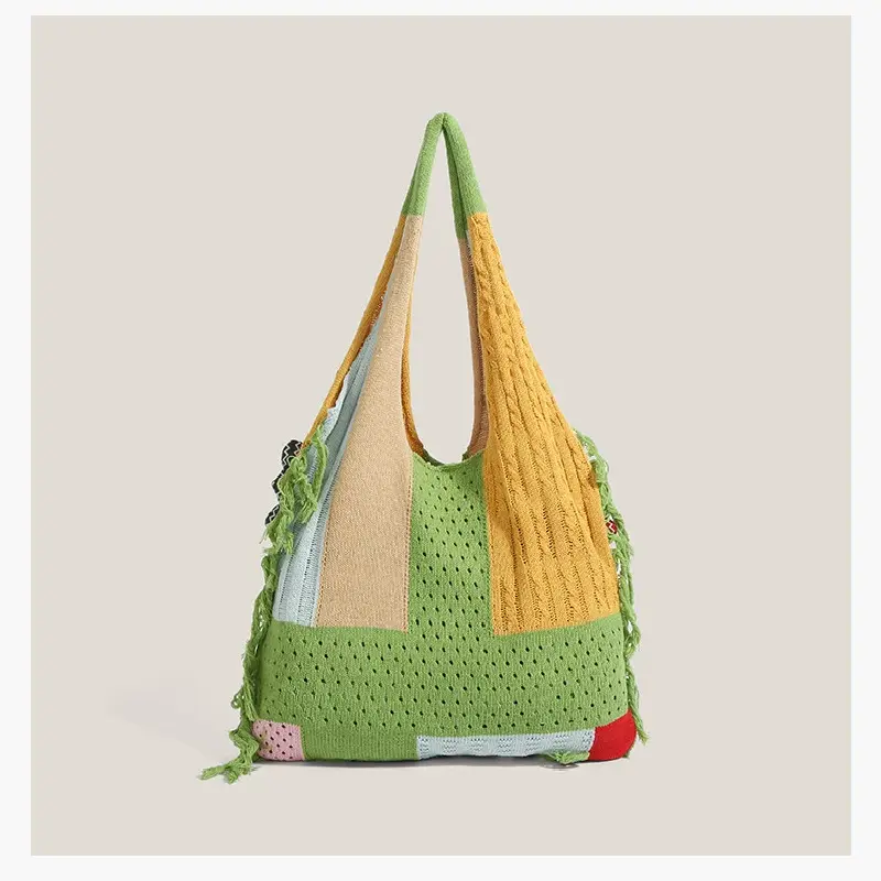 Handcrafted tassel patchwork casual shoulder tote bag