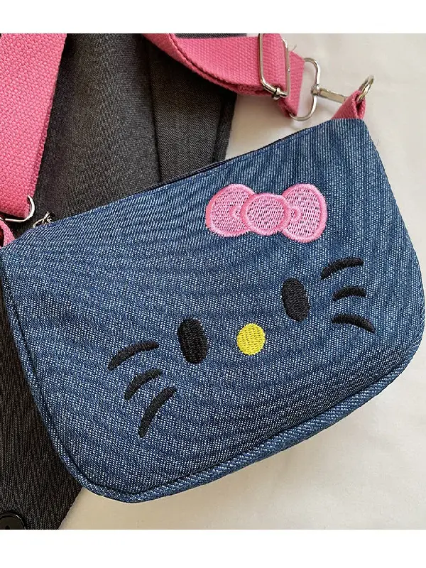 Hello Kitty Denim Mini Fanny Pack Women 2026 Kawaii Cartoon Crossbody Waist Bag Adjustable Strap Small Sling Purse 4 Colors