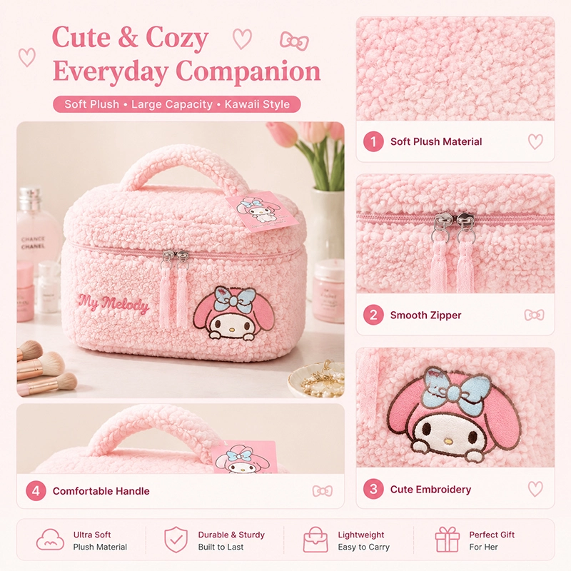 My Melody Plush Cosmetic Bag - Cute Travel Makeup Organizer with Embroidery