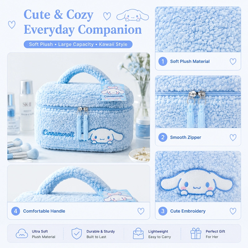 Cinnamoroll Plush Cosmetic Bag - Cute Travel Makeup Organizer with Embroidery