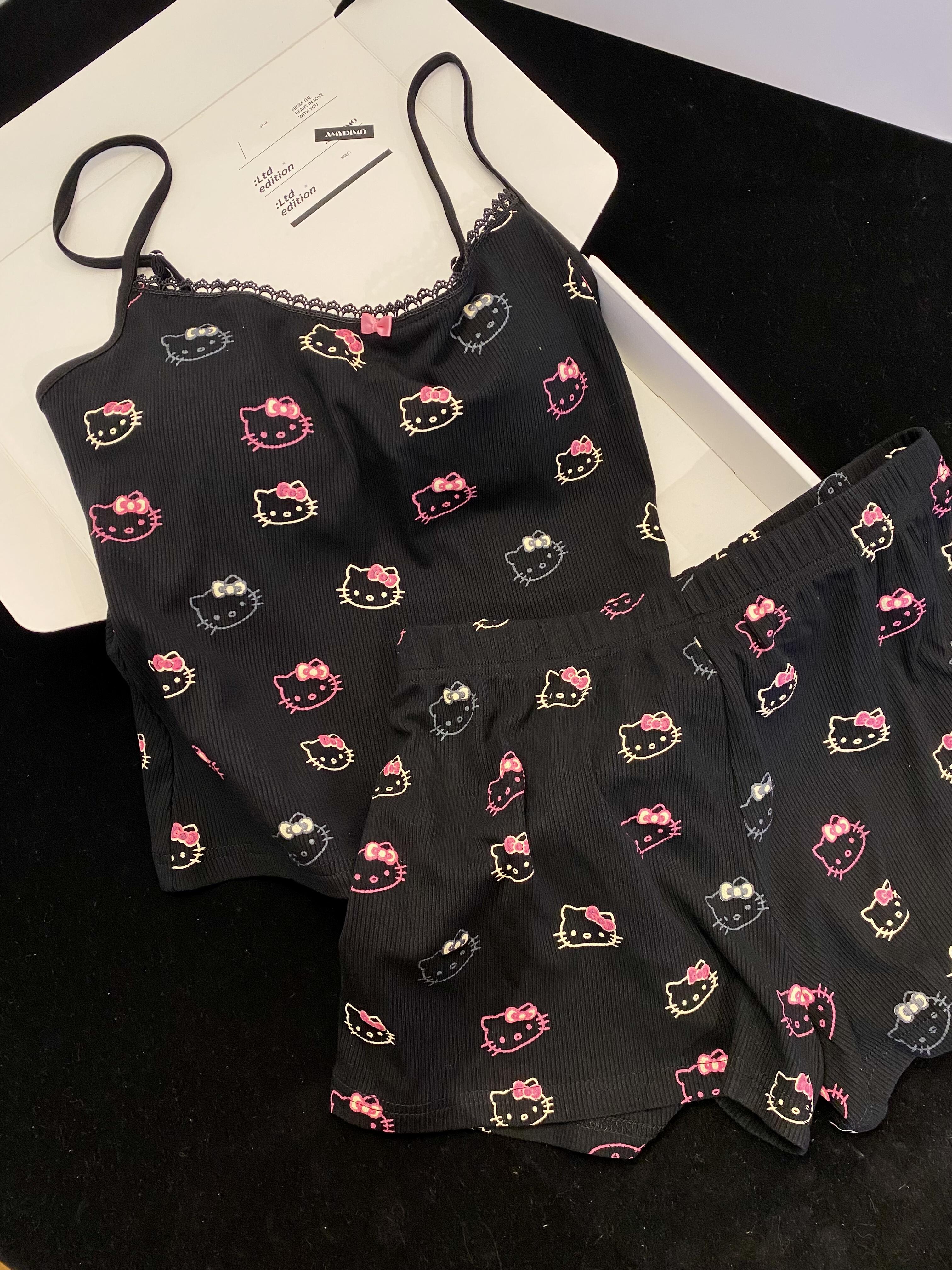 Hellokitty Black Lace Pajama Set for Women 2 Piece Lingerie Sleepwear Camisole Pj Shorts Set Nightwear