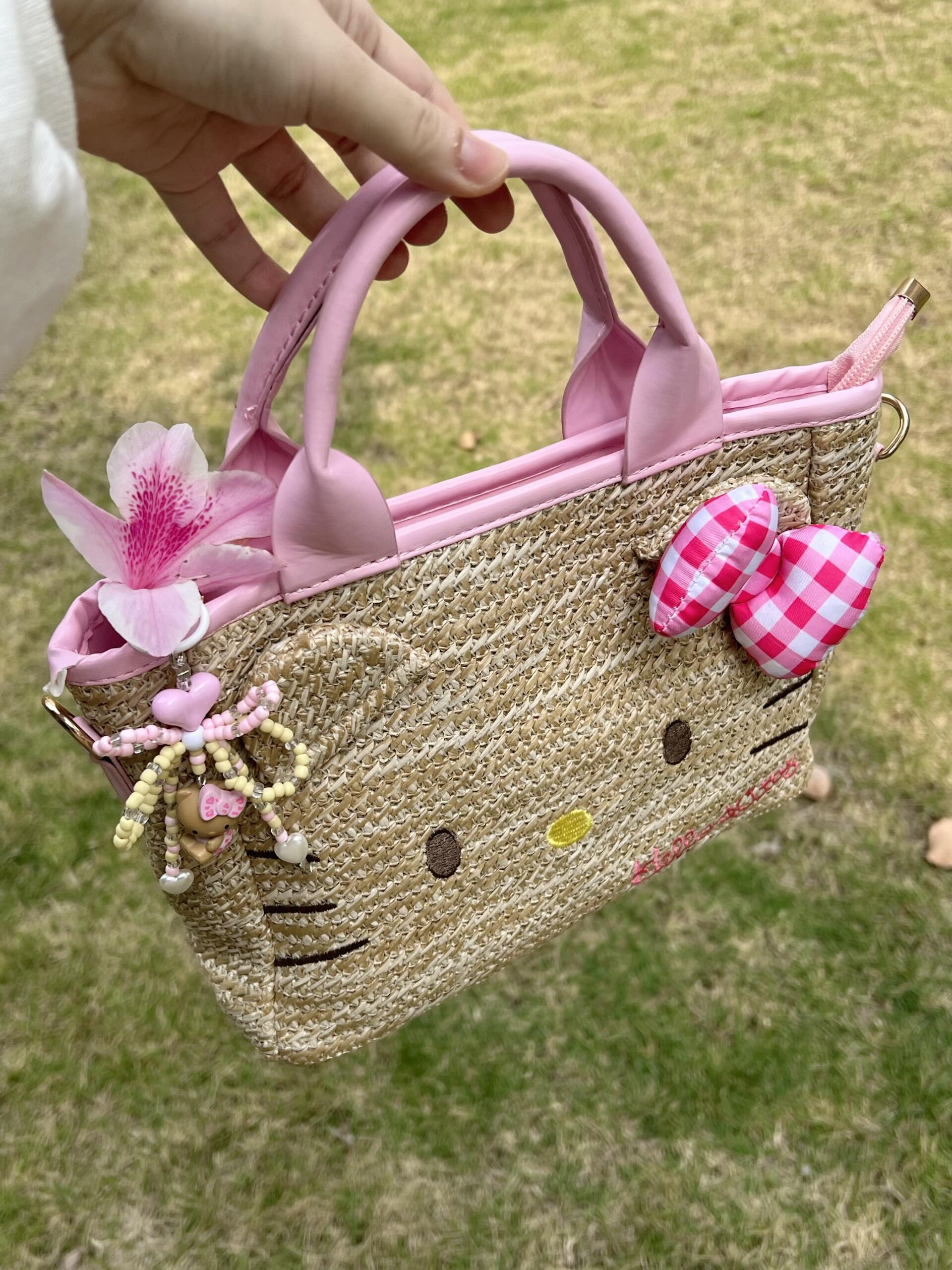 Hellokitty Summer Beach bag Handmade Straw Tote Bag Handbag