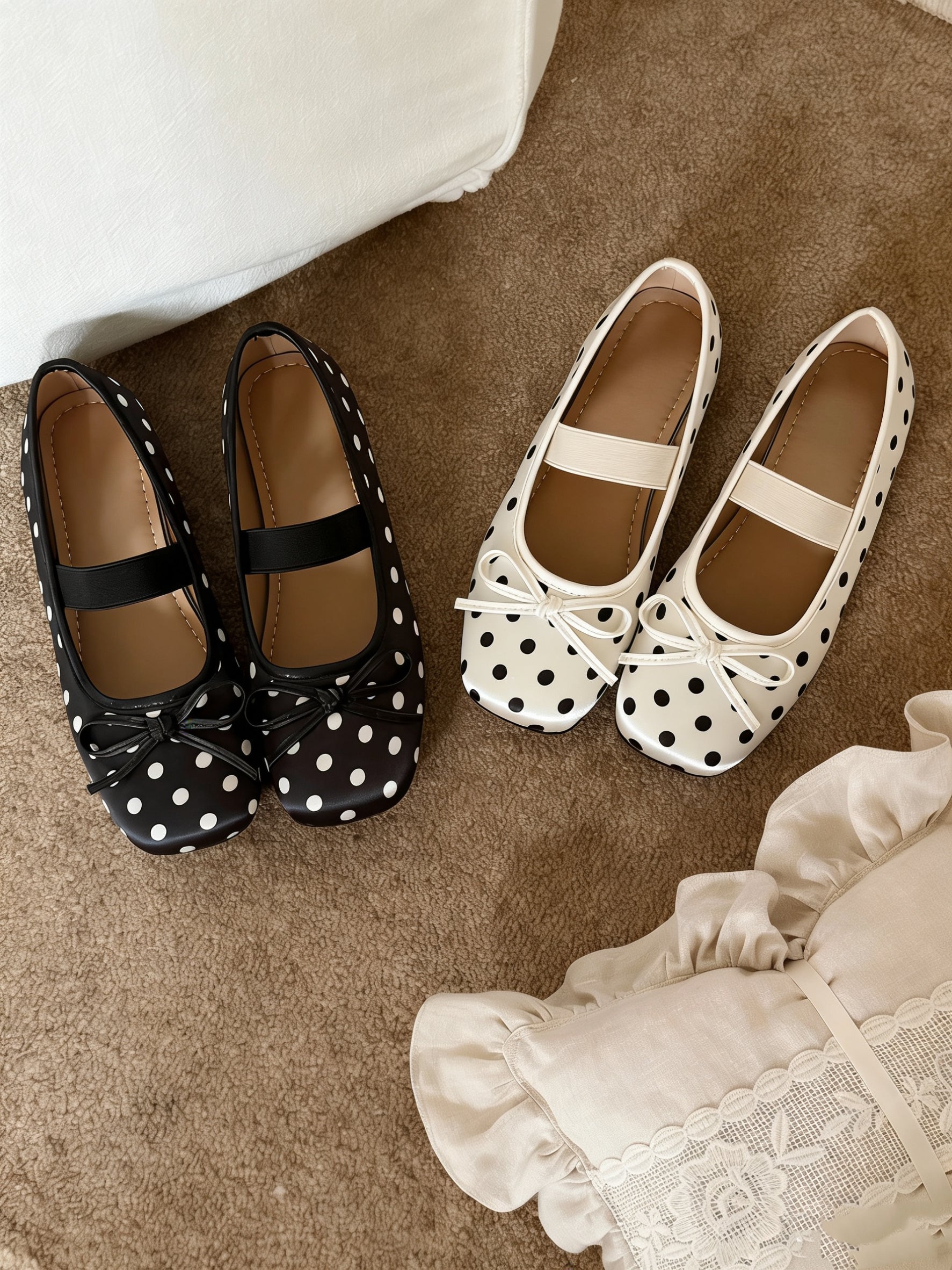 Girly Bow Polk Dot Ballet Flat Shoes Mary Janes Low Top Cute Casual Lightweight Shoes