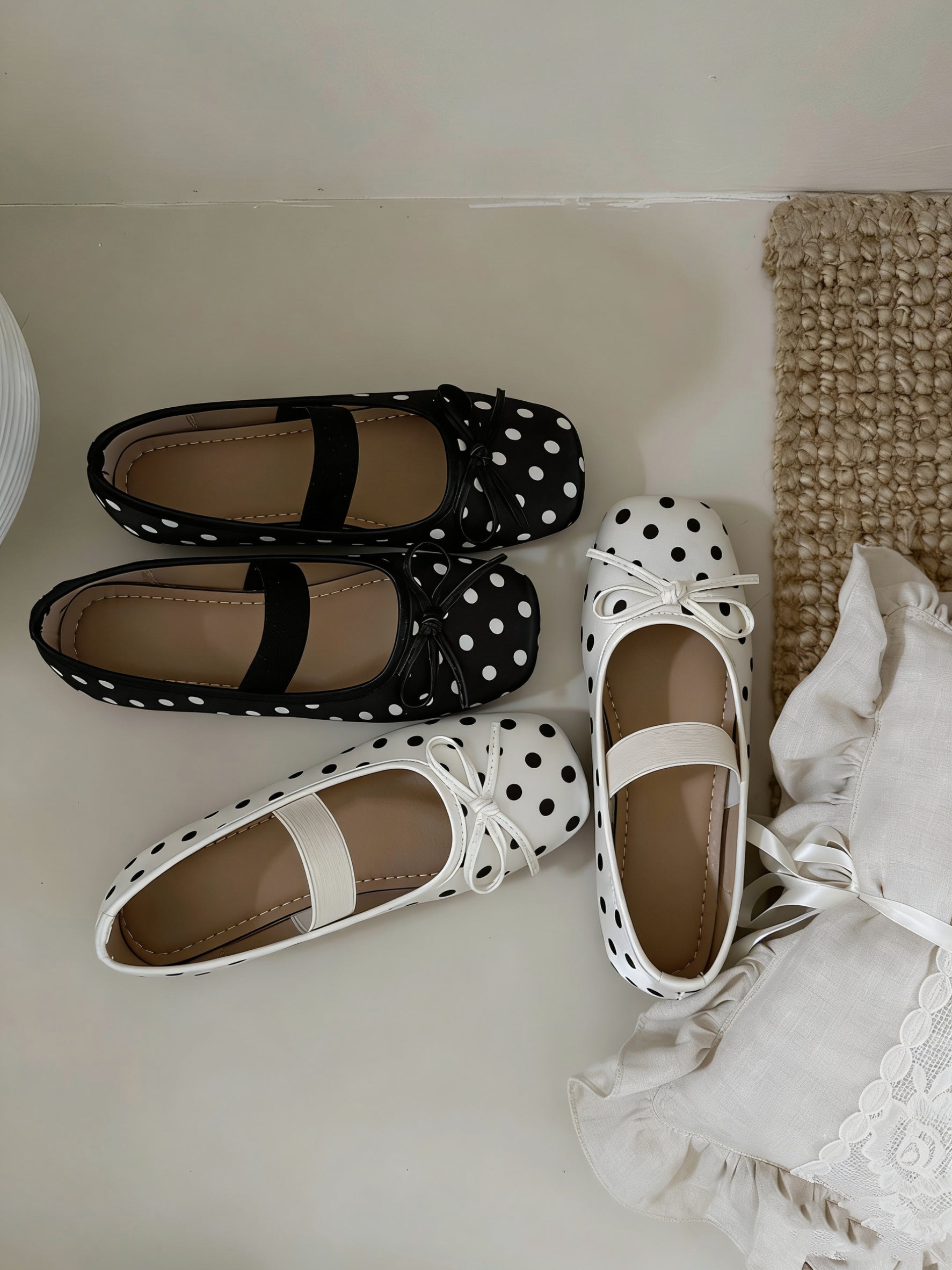 Girly Bow Polk Dot Ballet Flat Shoes Mary Janes Low Top Cute Casual Lightweight Shoes