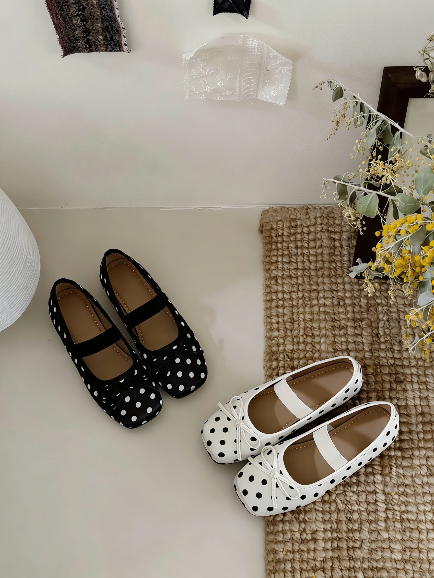 Girly Bow Polk Dot Ballet Flat Shoes Mary Janes Low Top Cute Casual Lightweight Shoes