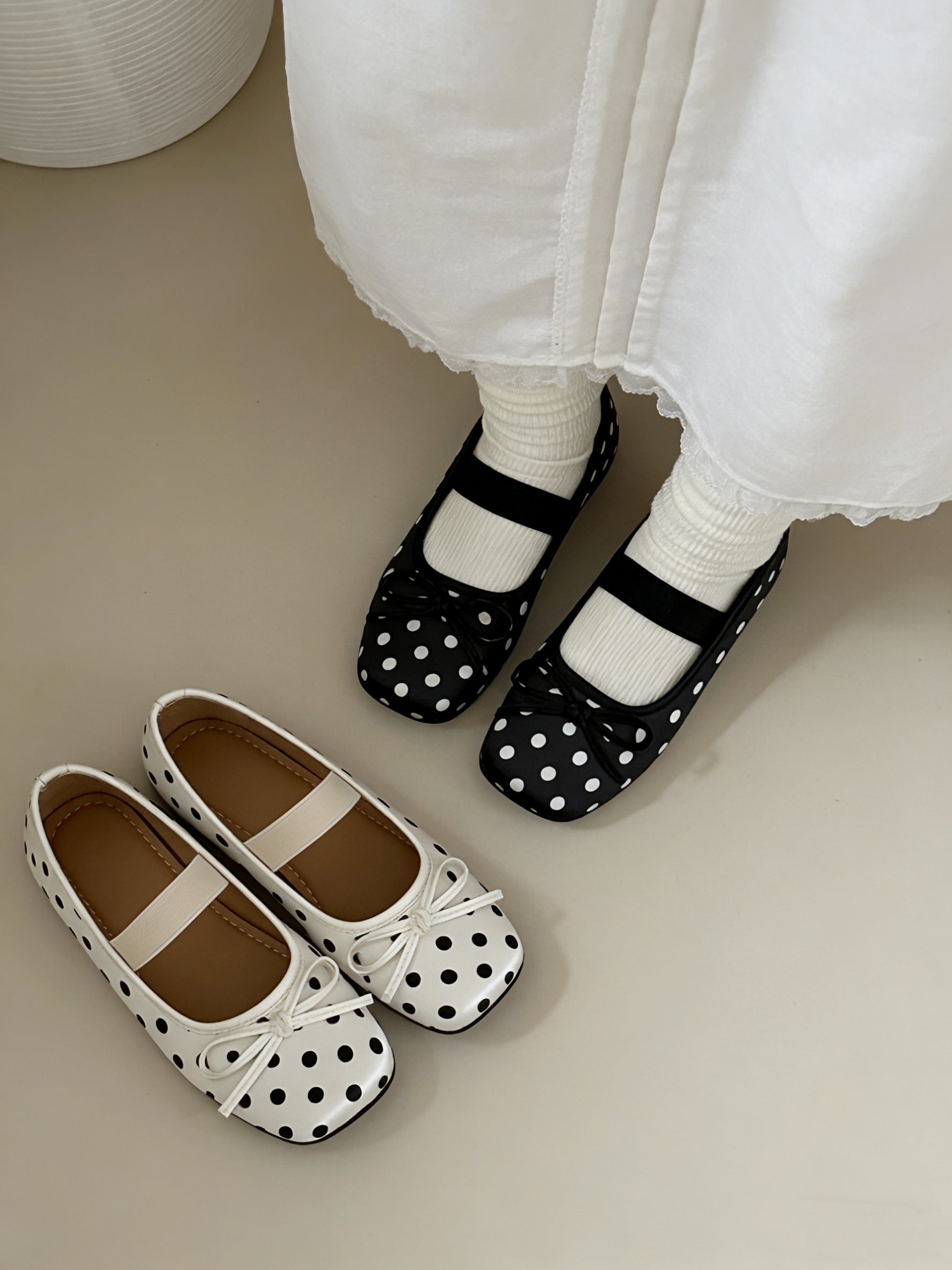 Girly Bow Polk Dot Ballet Flat Shoes Mary Janes Low Top Cute Casual Lightweight Shoes