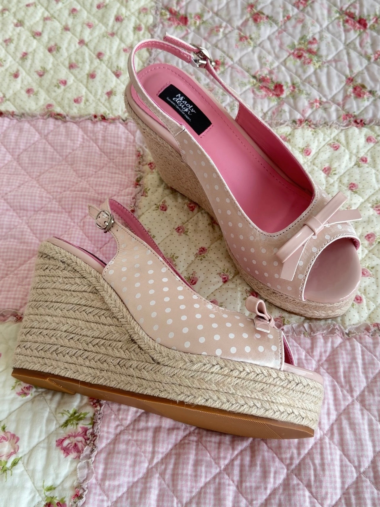 Polka Dot Back Adjustable Strap Straw Woven Classic Wedge Sandals Slingback Platform High Pumps Party Dress Casual Sandals 3 inches