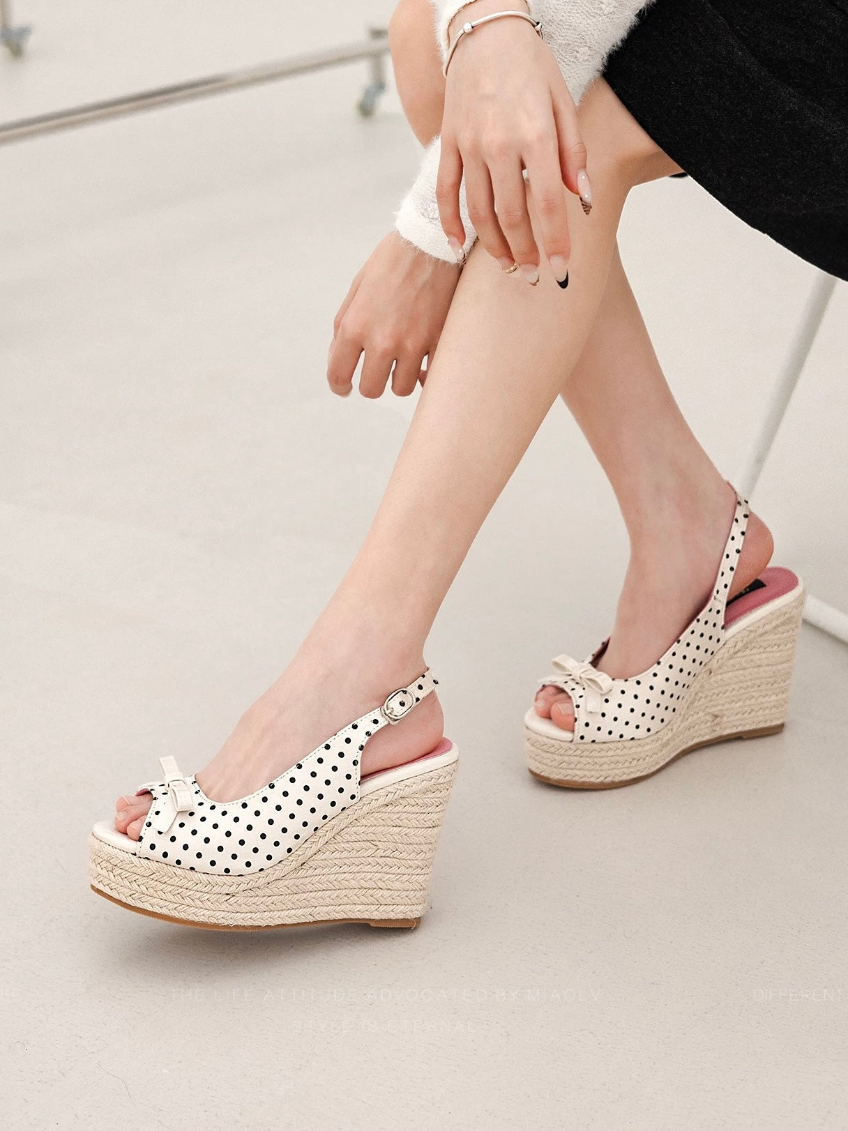 Polka Dot Back Adjustable Strap Straw Woven Classic Wedge Sandals Slingback Platform High Pumps Party Dress Casual Sandals 3 inches