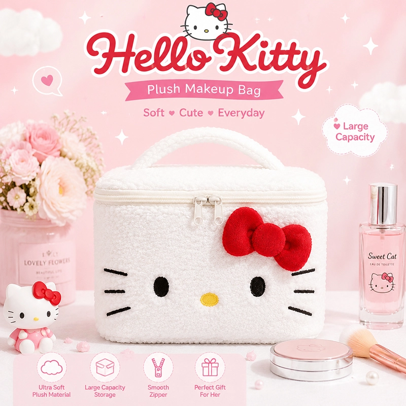 Hello Kitty Plush Cosmetic Bag Cute Makeup Organizer Travel Toiletry Bag