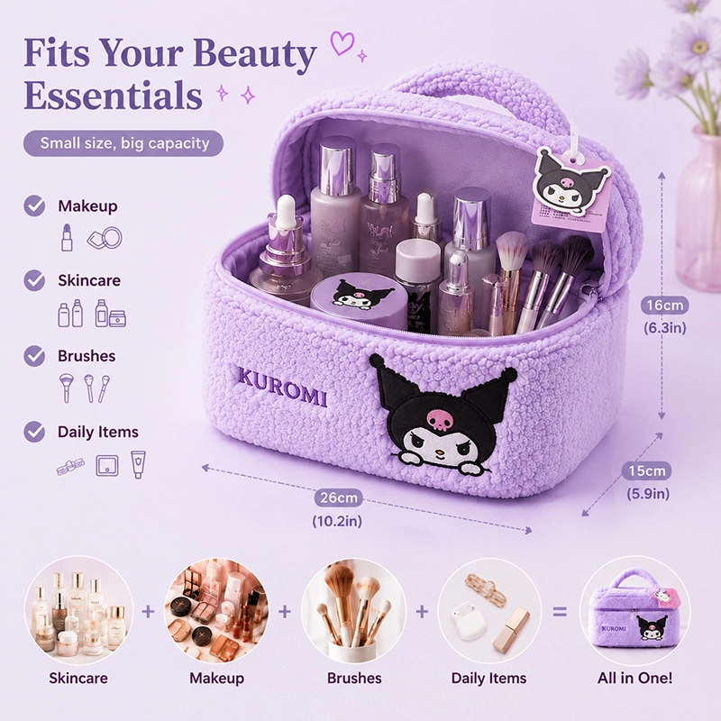 Kuromi Plush Cosmetic Bag – Cute Travel Makeup Organizer with Embroidery