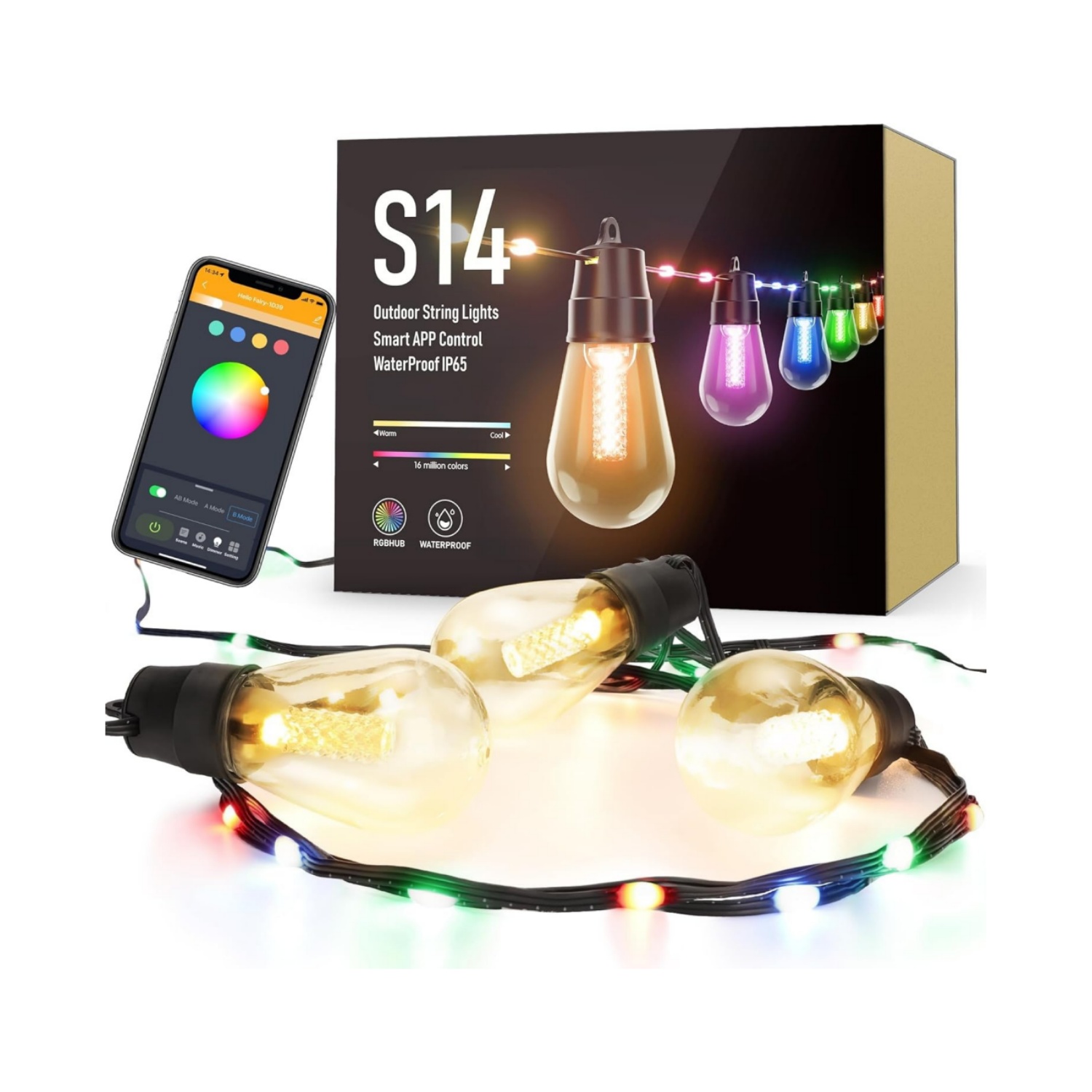 46ft Smart S14 Christmas String Lights, Waterproof Shatterproof Bluetooth APP Remote Control Dimmable