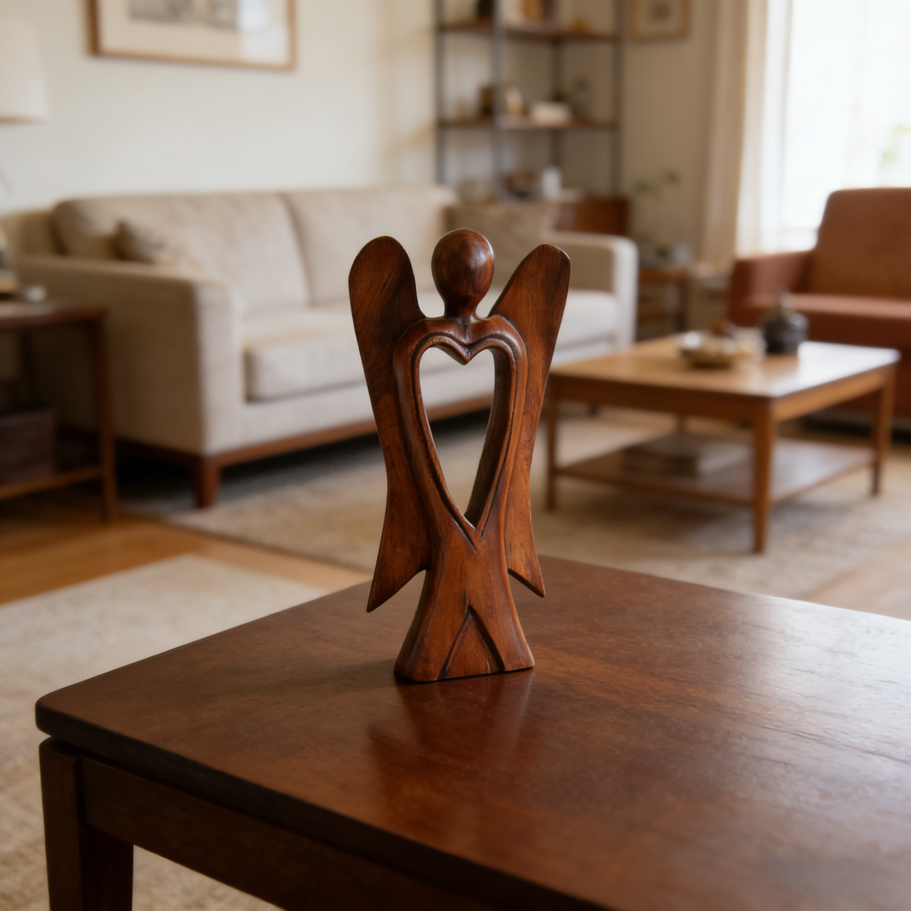 Handmade Wood Figurine of Angel with Heart Feature