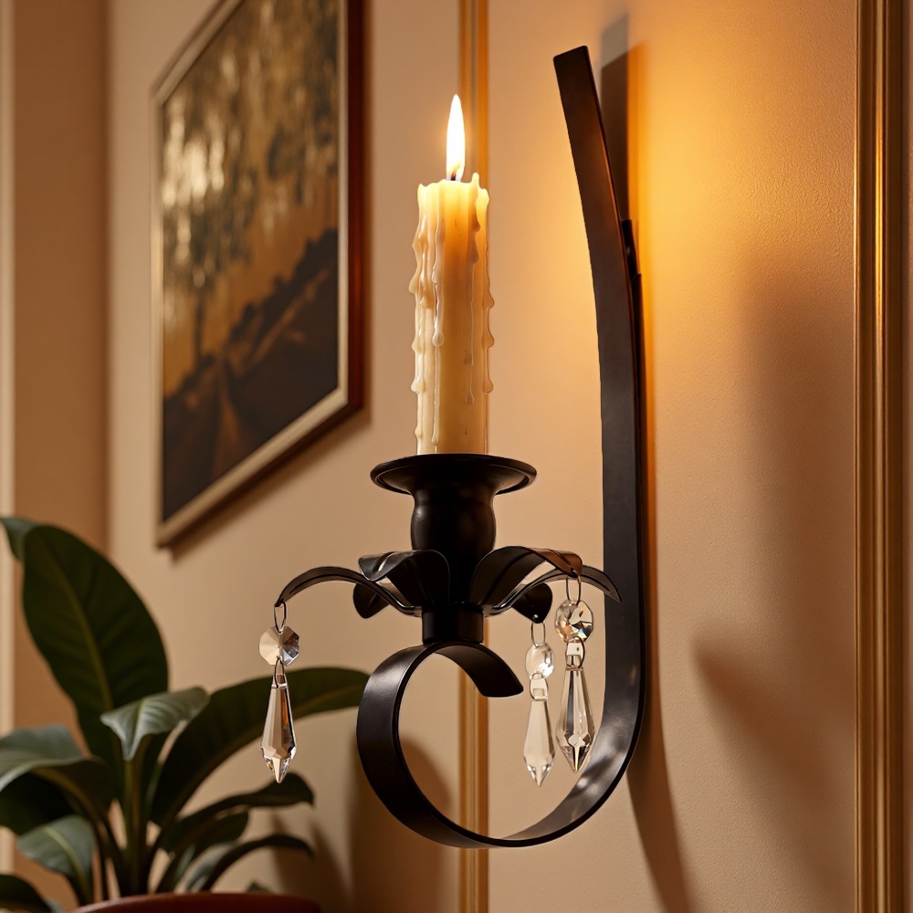 Black Metal Wall Candle Sconces with Crystal Pendant