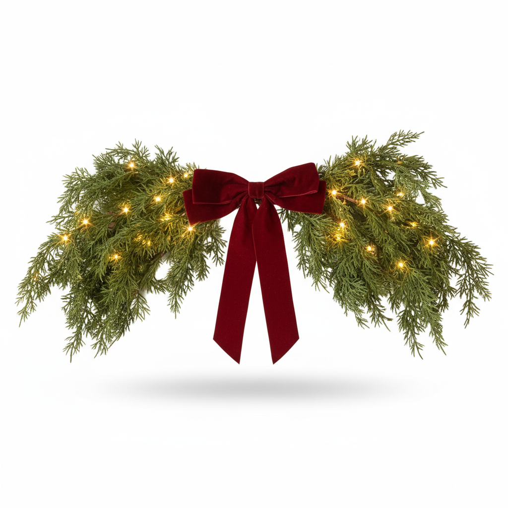 Lighted Cedar Pine Swag with Velvet Bow, Battery Operated with Timer 60 LED Fairy Lights