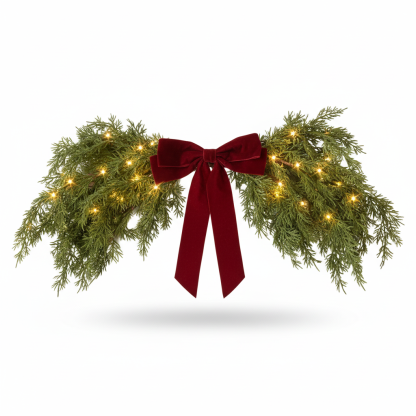 Lighted Cedar Pine Swag with Velvet Bow, Battery Operated with Timer 60 LED Fairy Lights