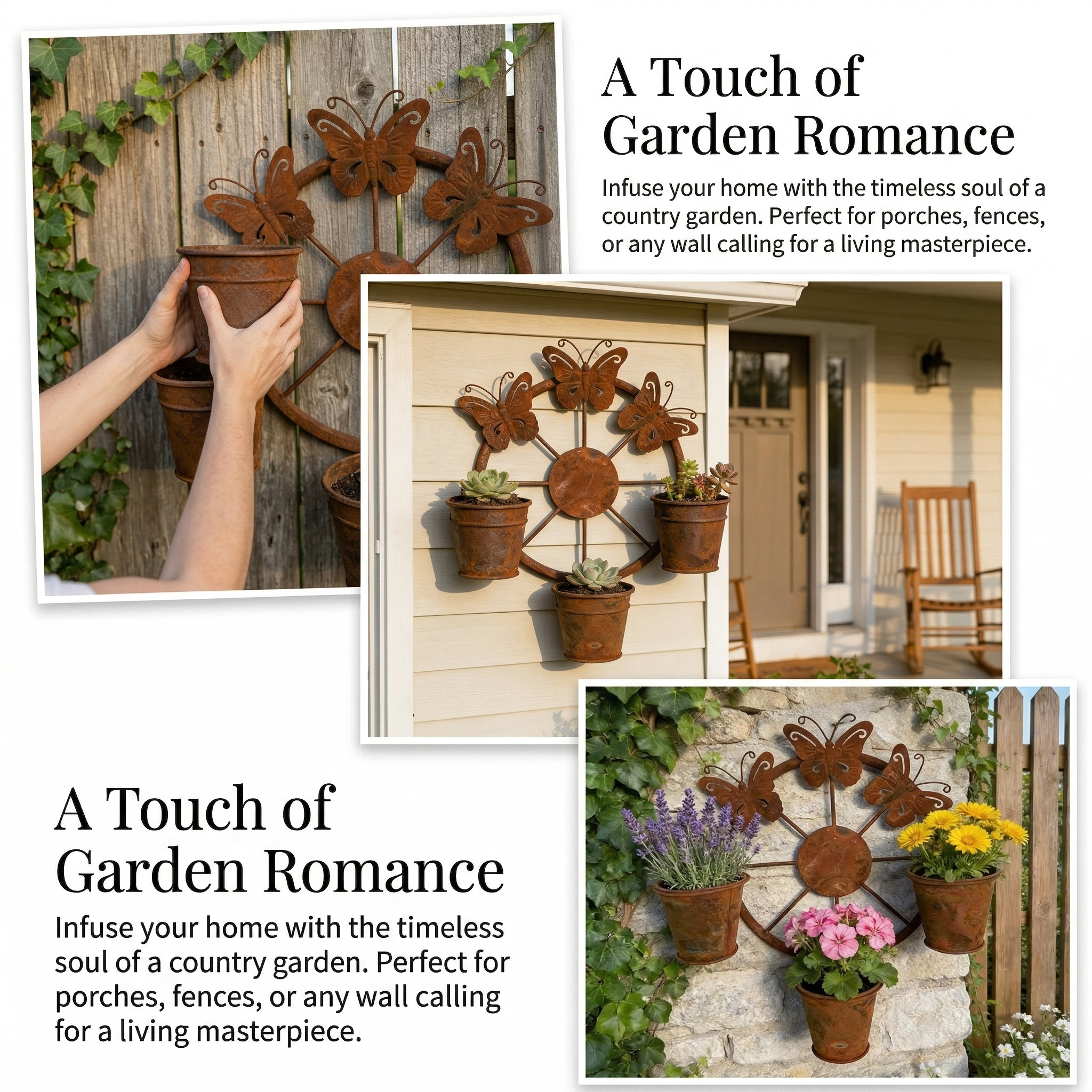 Vintage Distressed Metal Butterfly Wagon Wheel Wall Planter