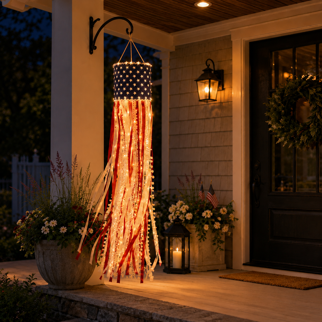 Lighted Patriotic Ribbon Windsock Hanging Decor