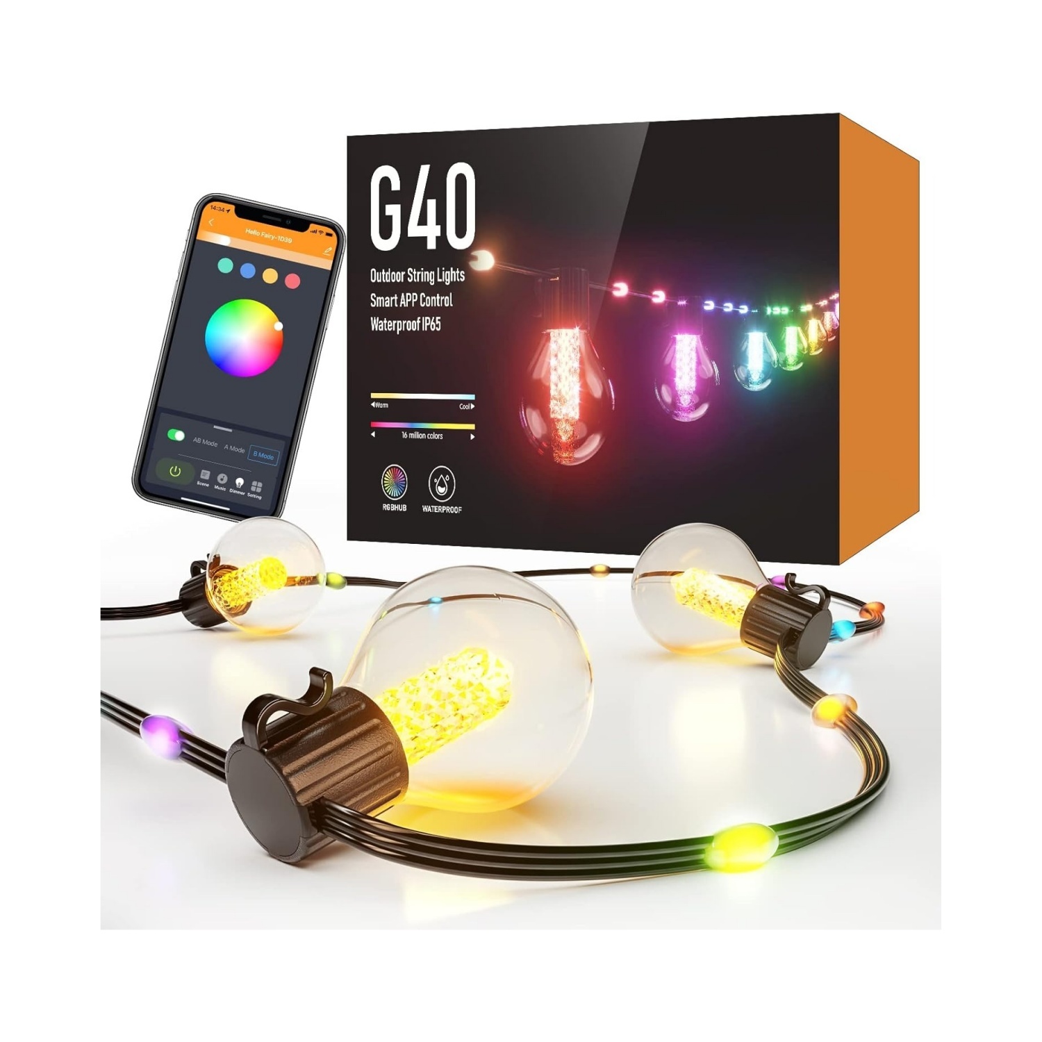 46ft Smart S14 Christmas String Lights, Waterproof Shatterproof Bluetooth APP Remote Control Dimmable