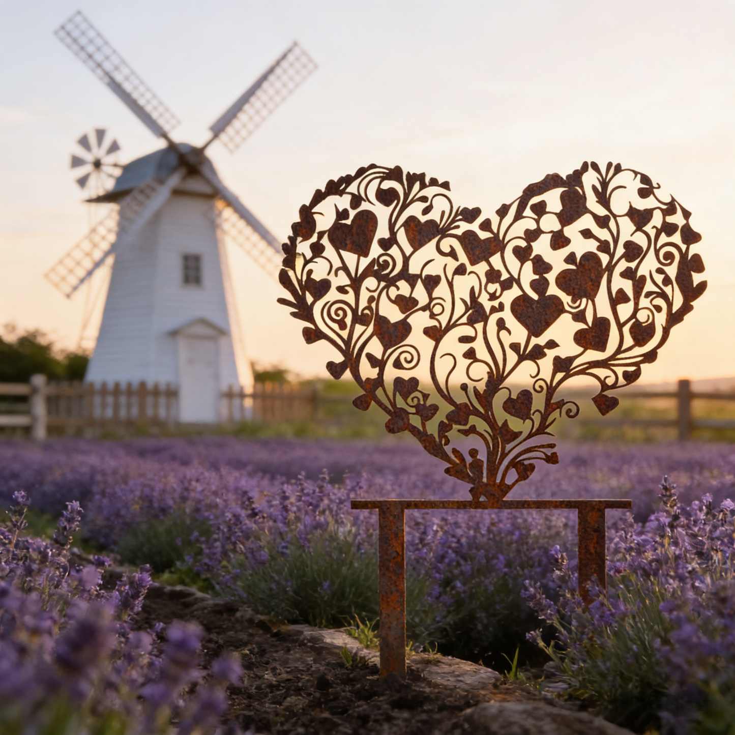Rust-covered Elegant Heart-Shaped Metal Garden Stake Sculpture