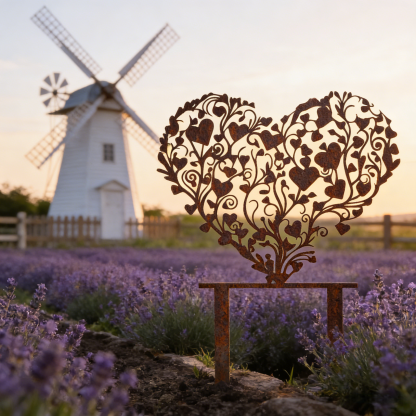 Rust-covered Elegant Heart-Shaped Metal Garden Stake Sculpture