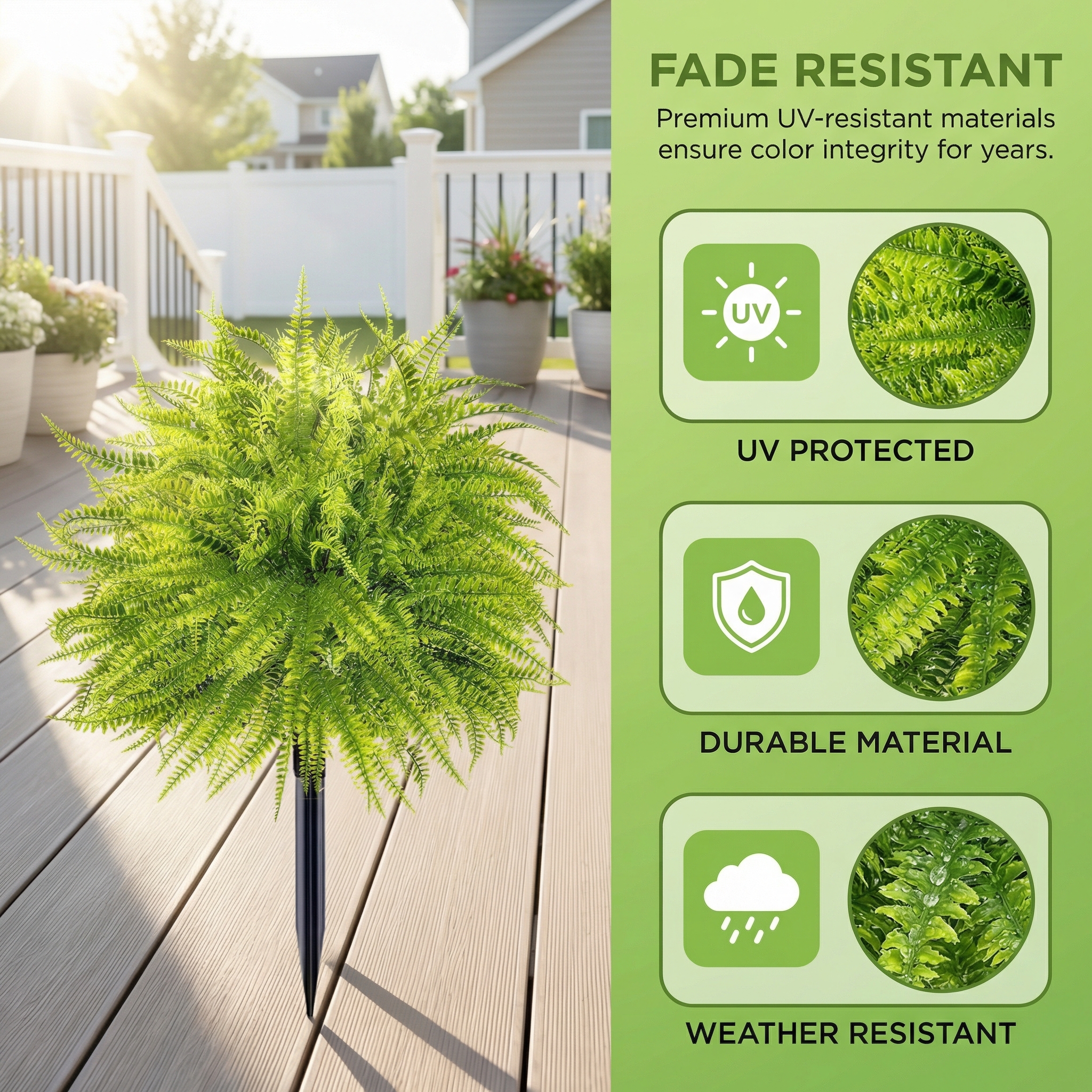 UV Resistant Lush Artificial Boston Fern with Integrated Ground Stake