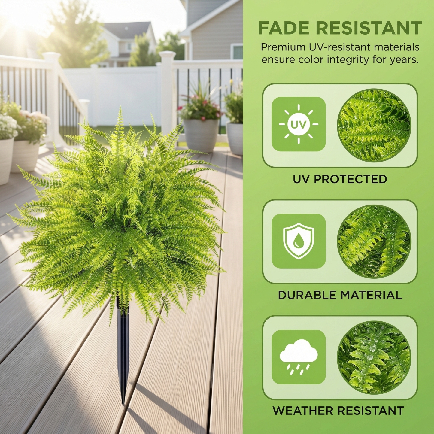 UV Resistant Lush Artificial Boston Fern with Integrated Ground Stake