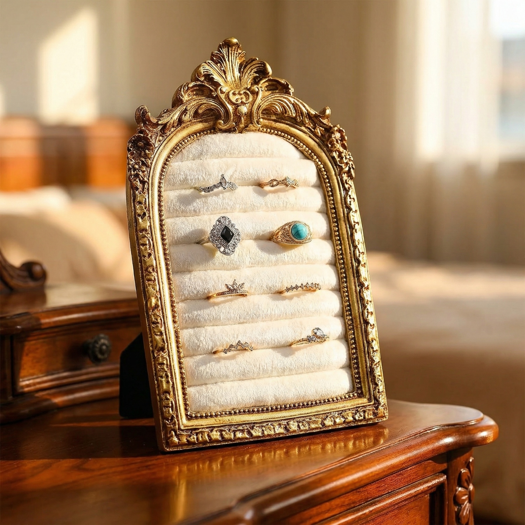 Vintage Ring Holder Arch – Antique Gold Suede Jewelry Display Frame
