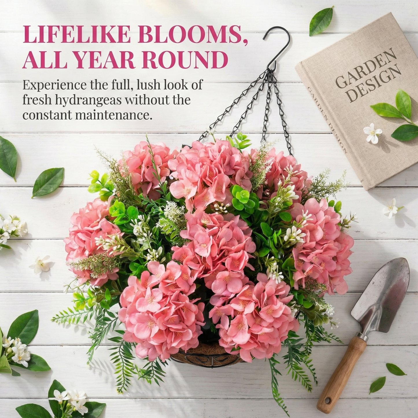 Hanging Fake Silk Hydrangea Flowers with Basket