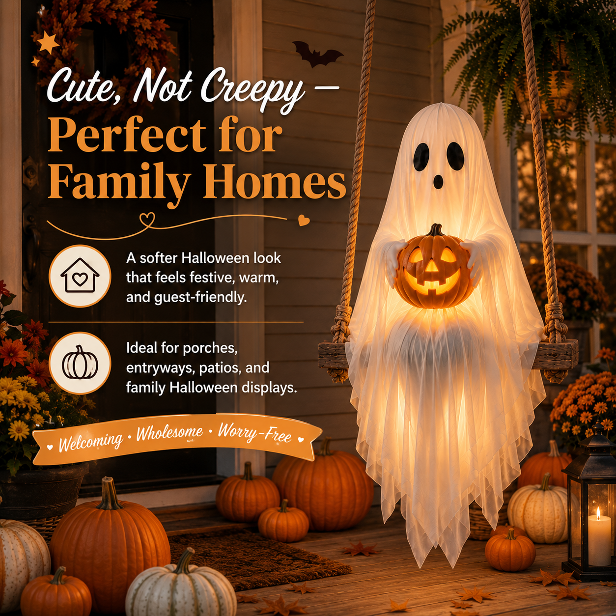 Lighted Ghost Swing with Glowing Pumpkin