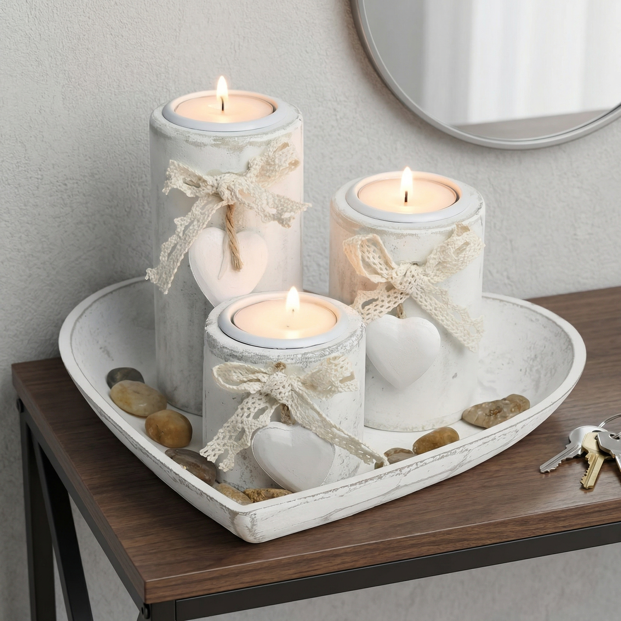 Complete Wooden Heart Candlestick Set