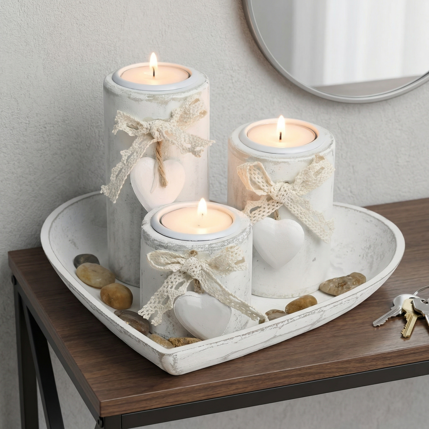 Complete Wooden Heart Candlestick Set