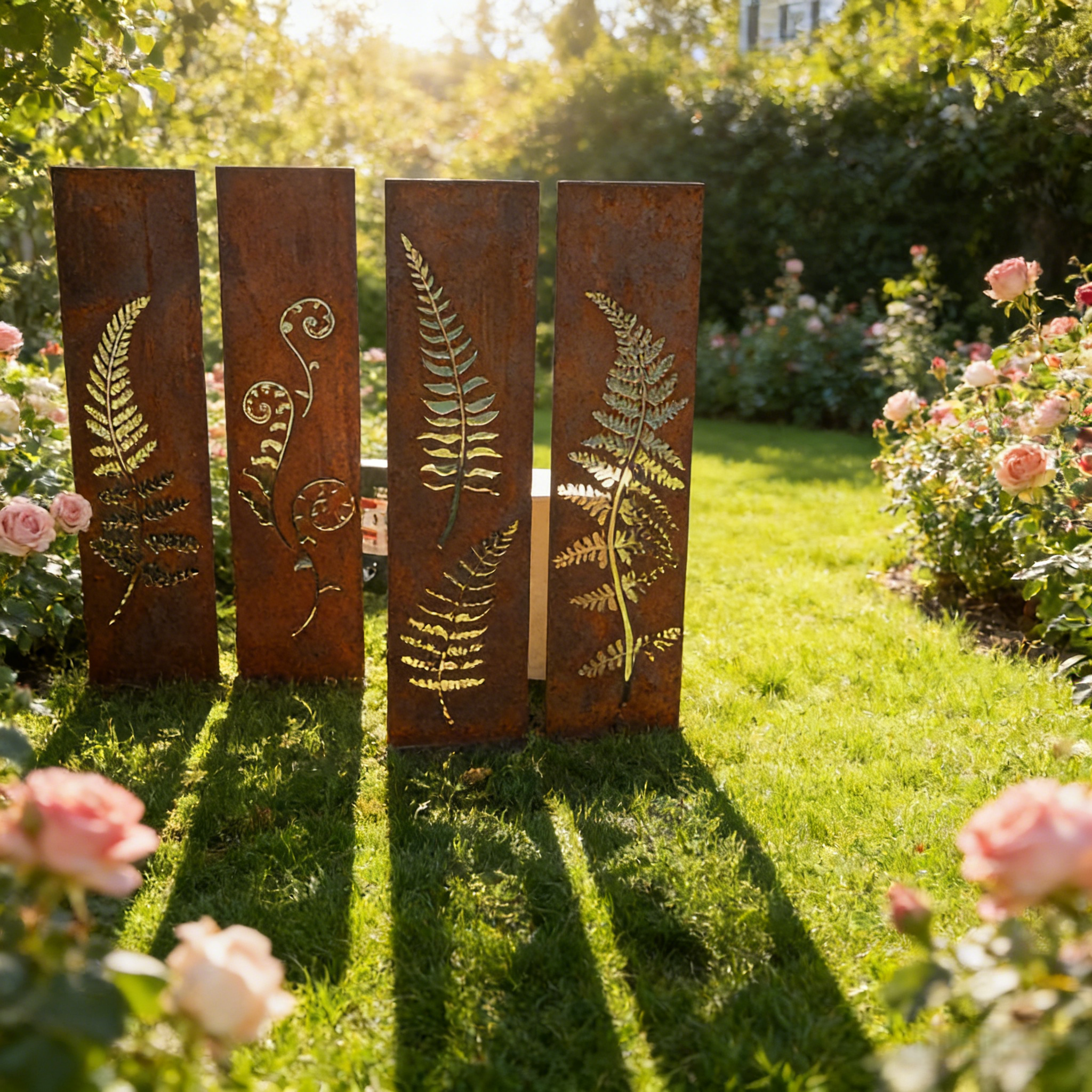 Hand-Welded Rustic Elegant Iron Fern Panel Privacy Screen