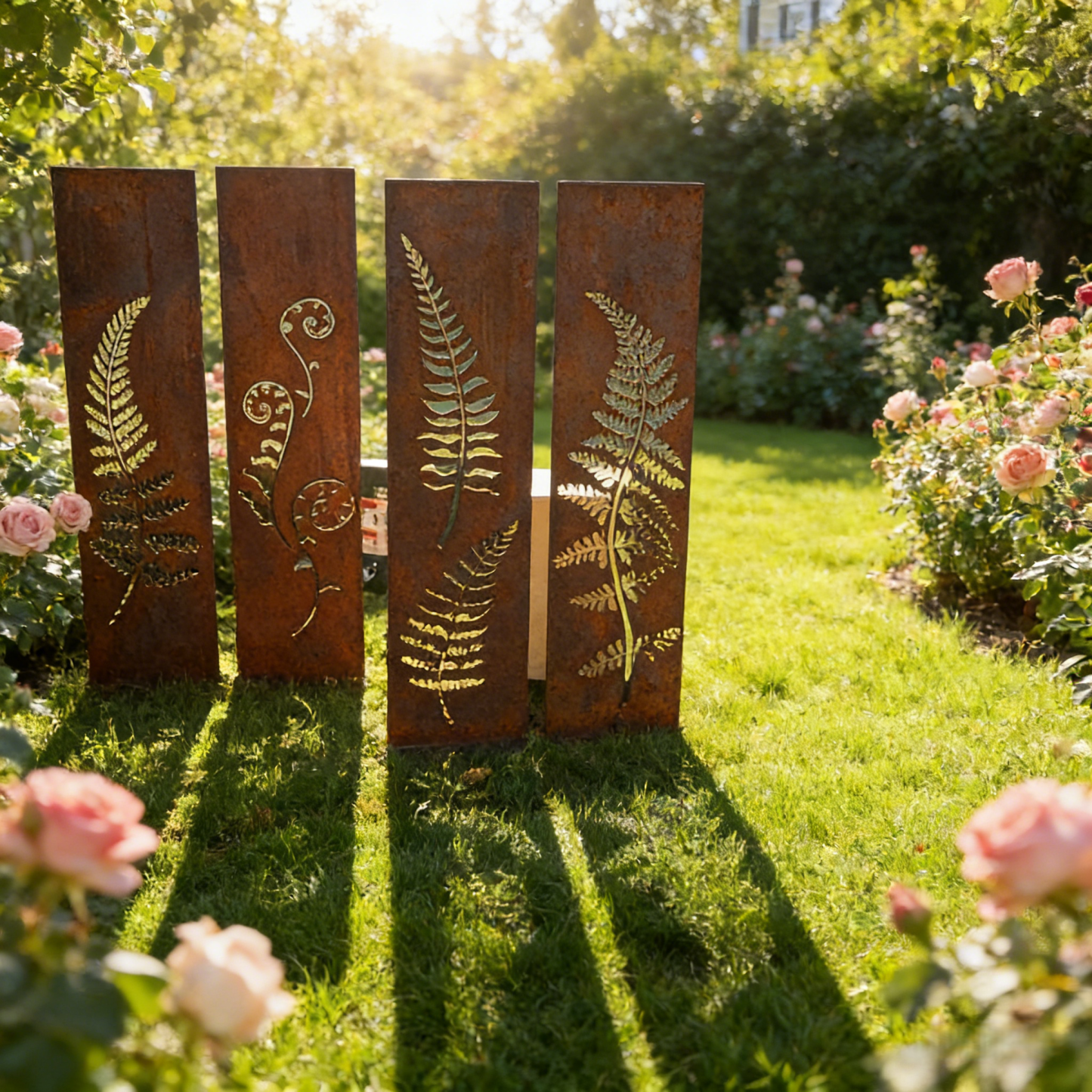 Hand-Welded Rustic Elegant Iron Fern Panel Privacy Screen