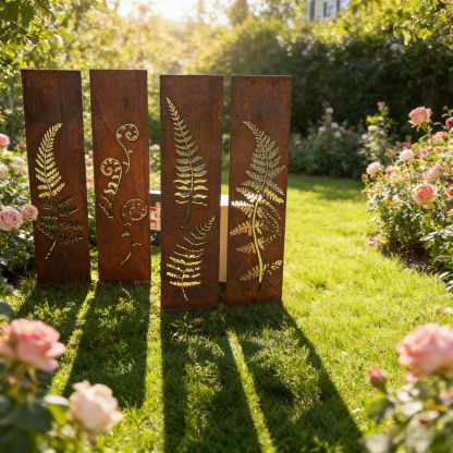Hand-Welded Rustic Elegant Iron Fern Panel Privacy Screen