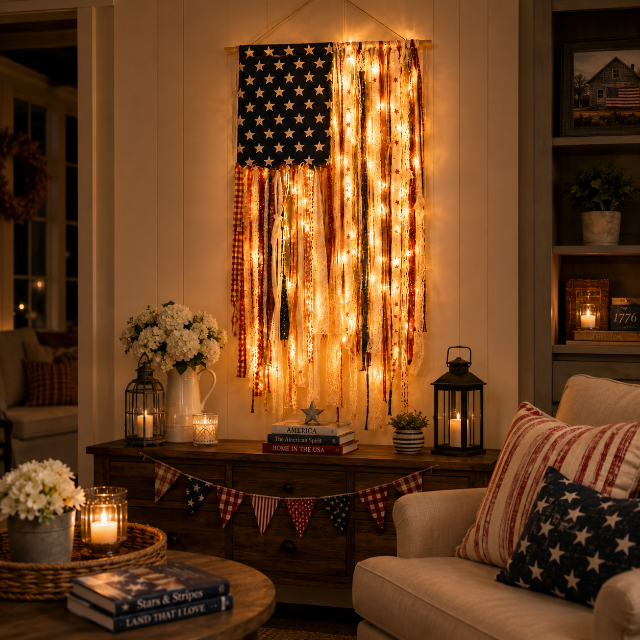 Lighted Vintage Americana Fabric Flag
