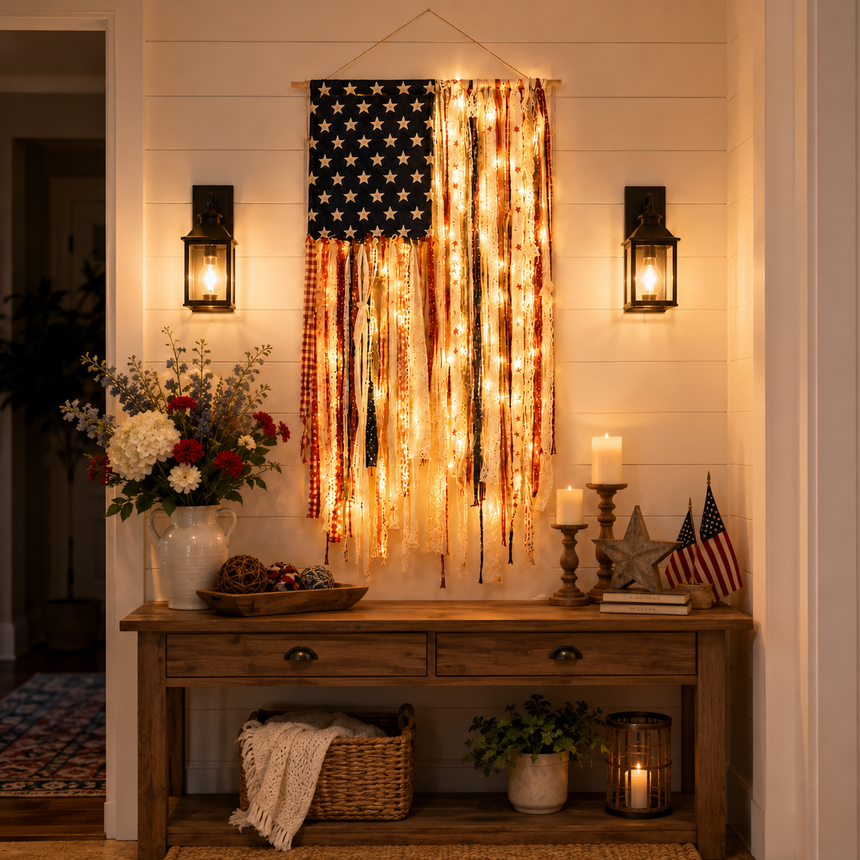 Lighted Vintage Americana Fabric Flag
