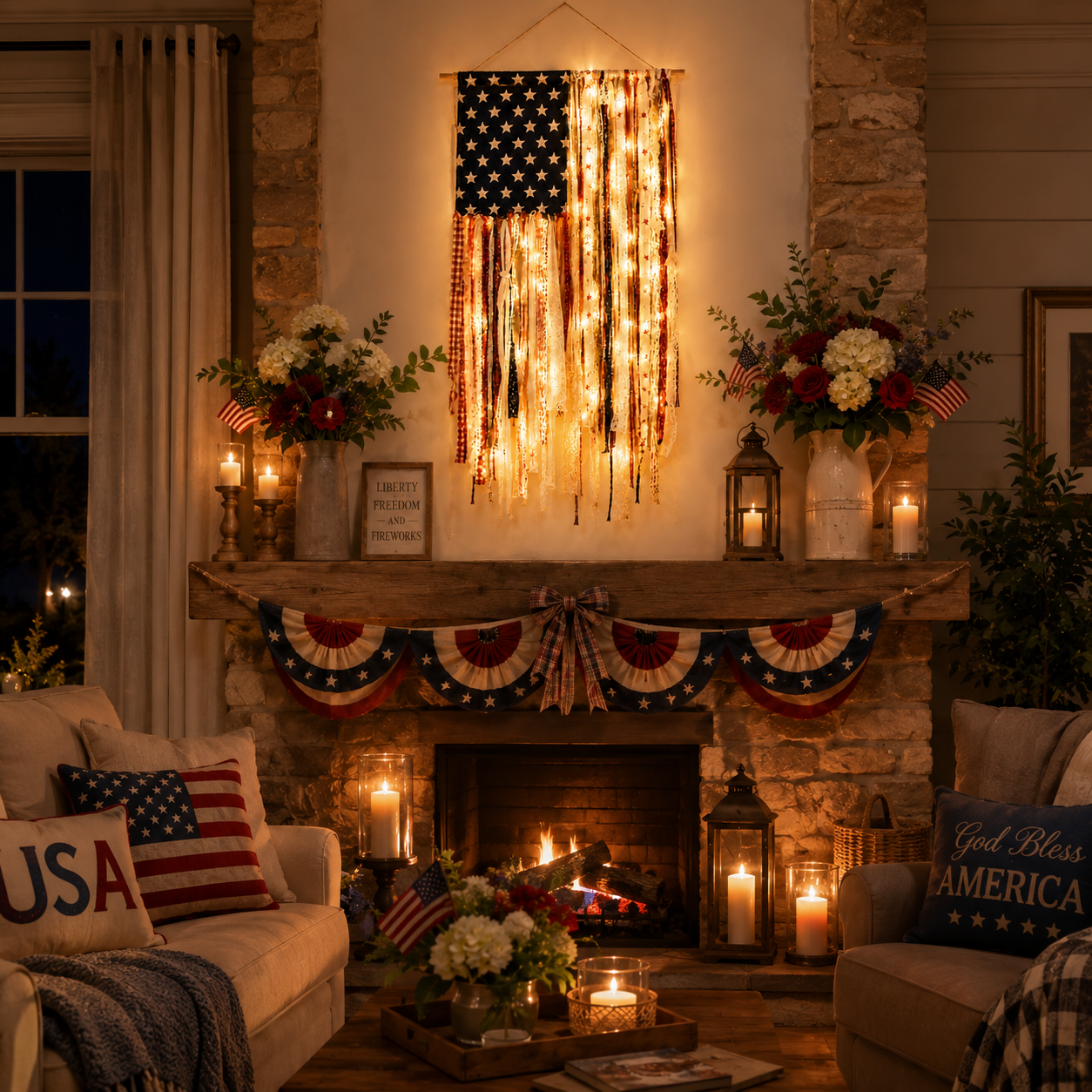 Lighted Vintage Americana Fabric Flag
