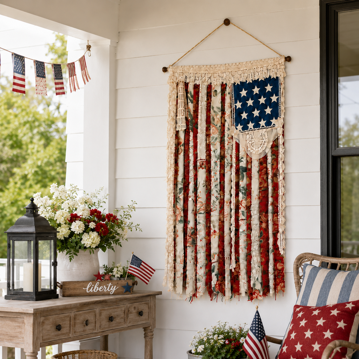 Lighted Rustic Crochet Lace American Flag