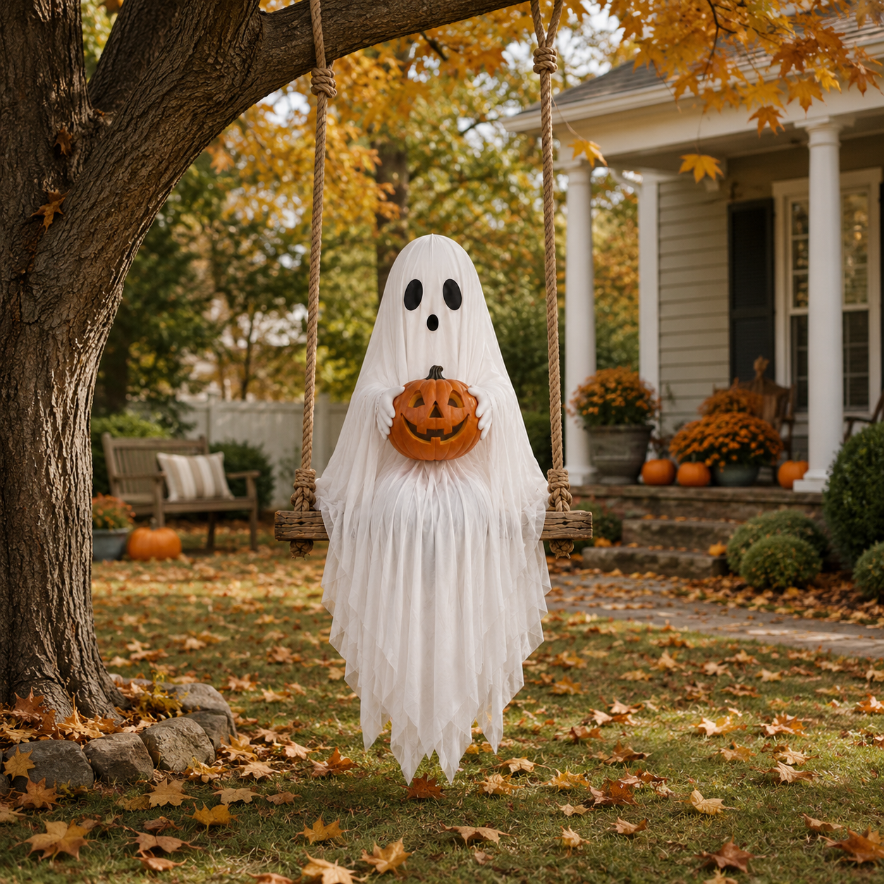 Lighted Ghost Swing with Glowing Pumpkin