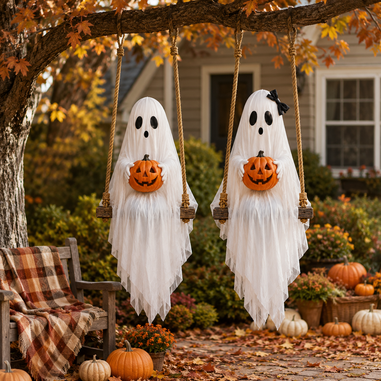 Lighted Ghost Swing with Glowing Pumpkin