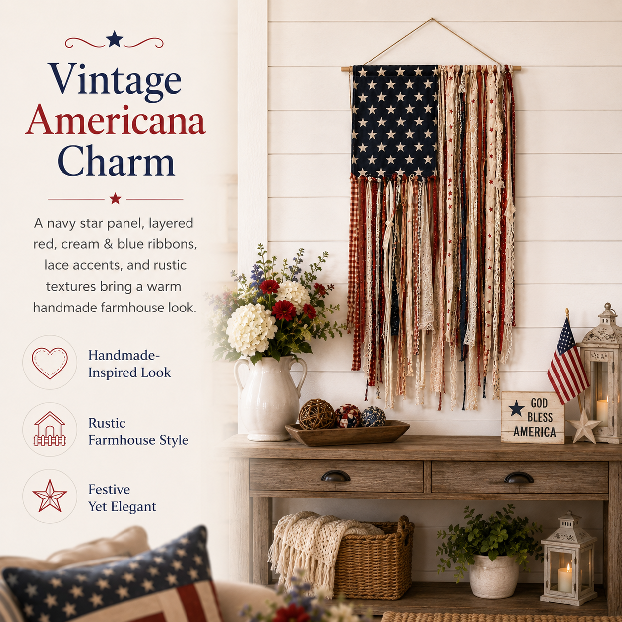 Lighted Vintage Americana Fabric Flag