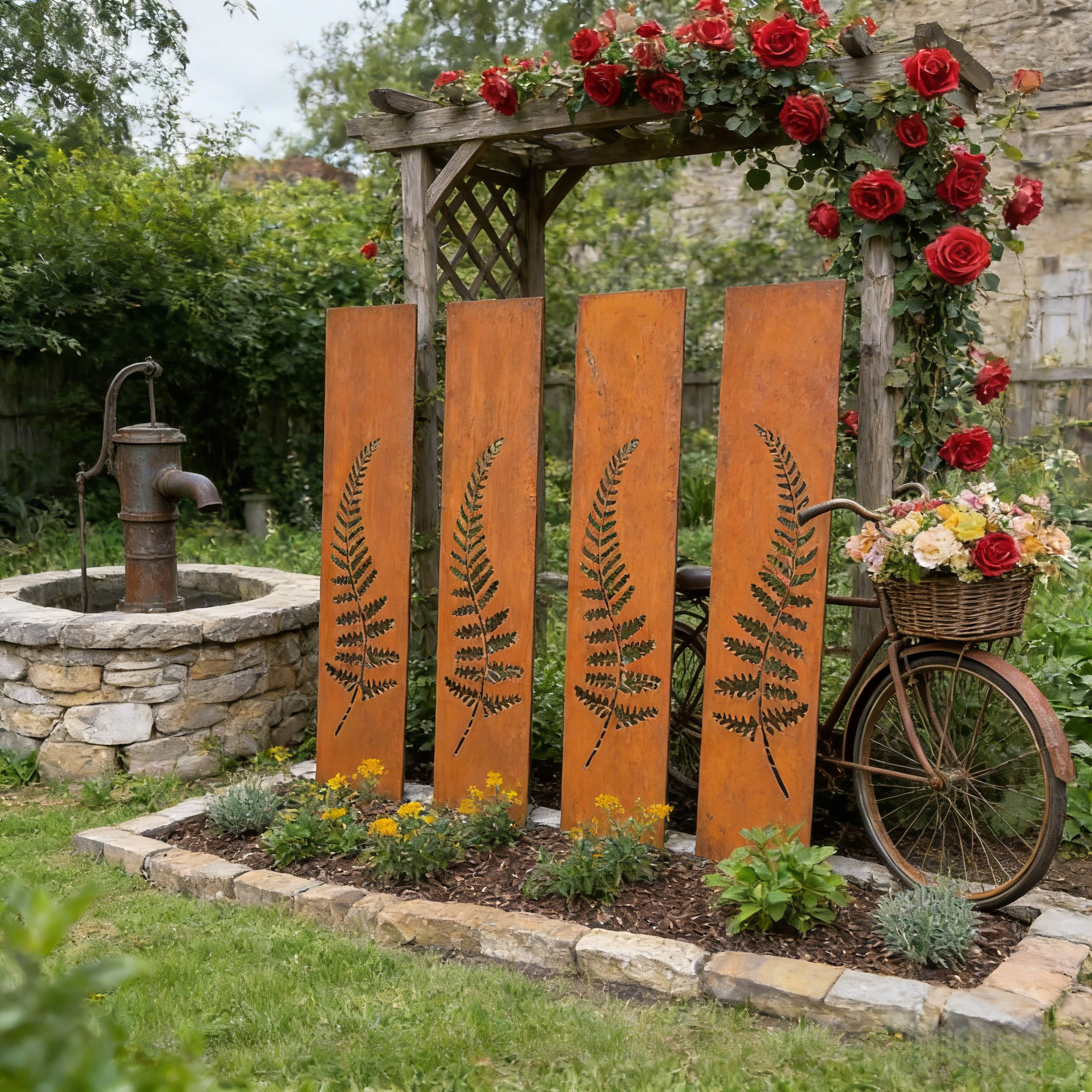 Hand-Welded Rustic Elegant Iron Fern Panel Privacy Screen
